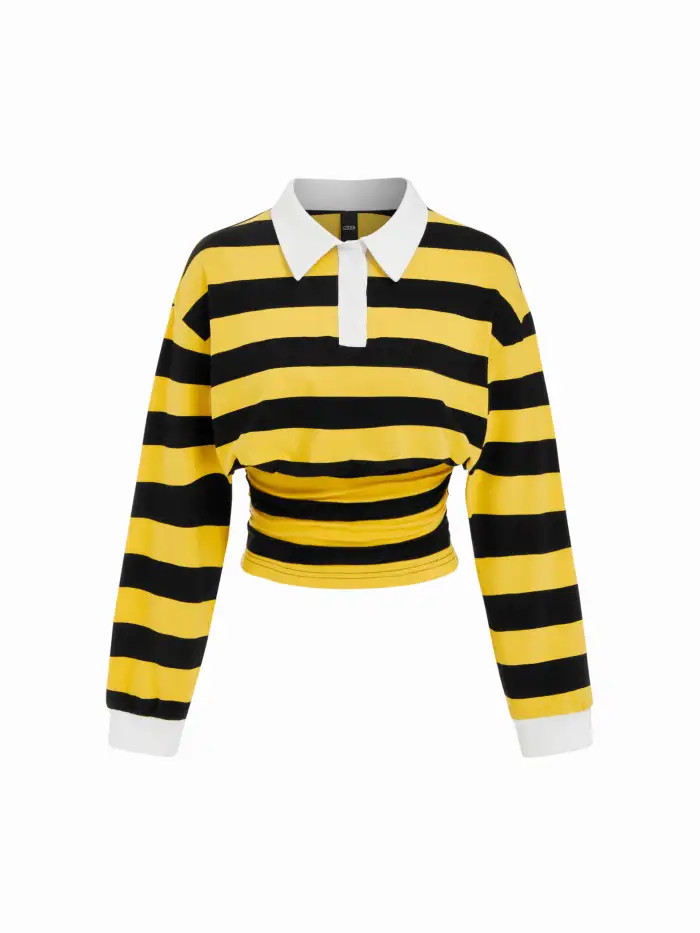 Knit Fabric Cotton-blend Collar Striped Ruched Long Sleeve Oversized Tee For Daily Casual | Cider
