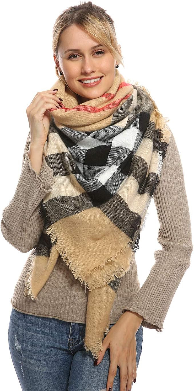 Stylish Plaid Blanket Oversized Warm Scarf - Chunky Tartan Wrap Shawl | Amazon (US)