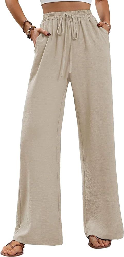 WOWULOVELY Women's High Waisted Wide Leg Long Pants Palazzo Casual Trousers with Pockets | Amazon (US)