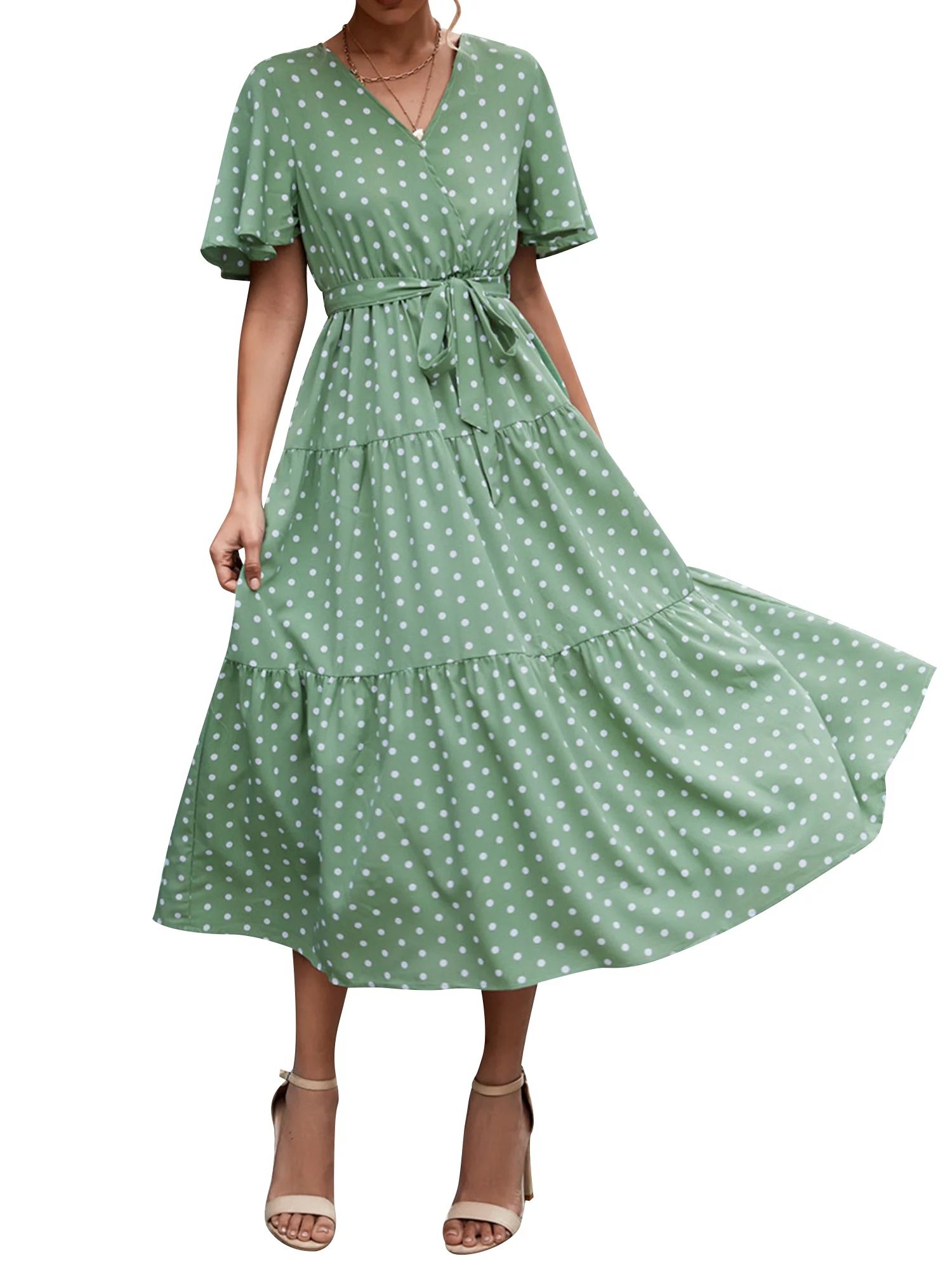 Nlife Women Dots Print V Neck Short Sleeve Tie Waist Midi Dress - Walmart.com | Walmart (US)