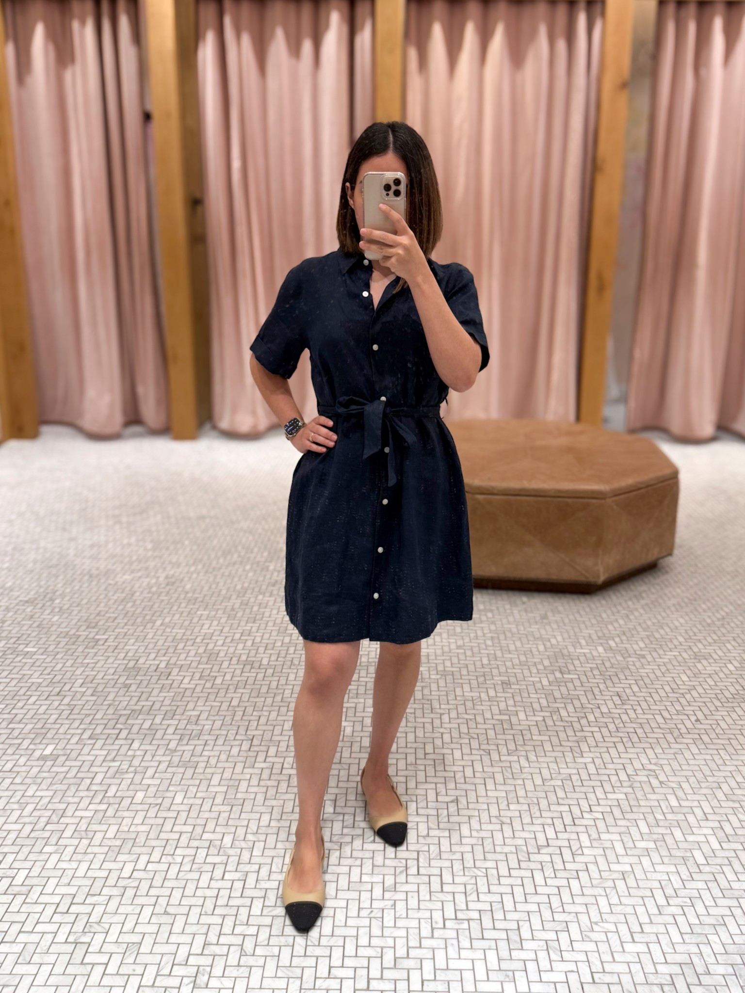 Shirt dress is size M, but I’d have preferred my usual size S. Belt accentuates the waist. The color is dark navy and 100% organic linen 

Flats are size 6US and are true to size 

For reference:

I am 5’2” (158cms)
129lbs (58kgs)