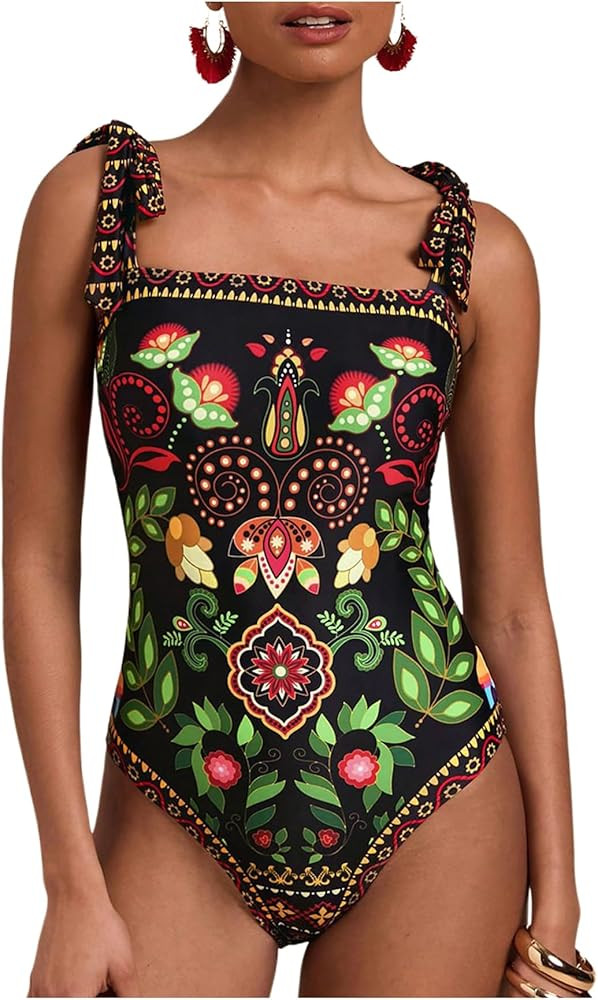 Floerns Women's Tropical Print Tie Shoulder One Piece Swimsuit Tummy Control Swimwear | Amazon (US)