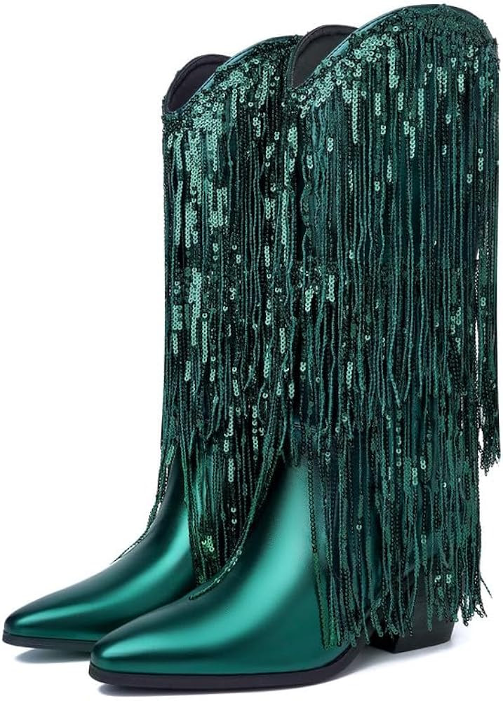 DOREENDORIS Fringe Boots for Women Metallic Cowboy Boots Pointed Toe Chunky Heel Mid Calf Sparkly... | Amazon (US)