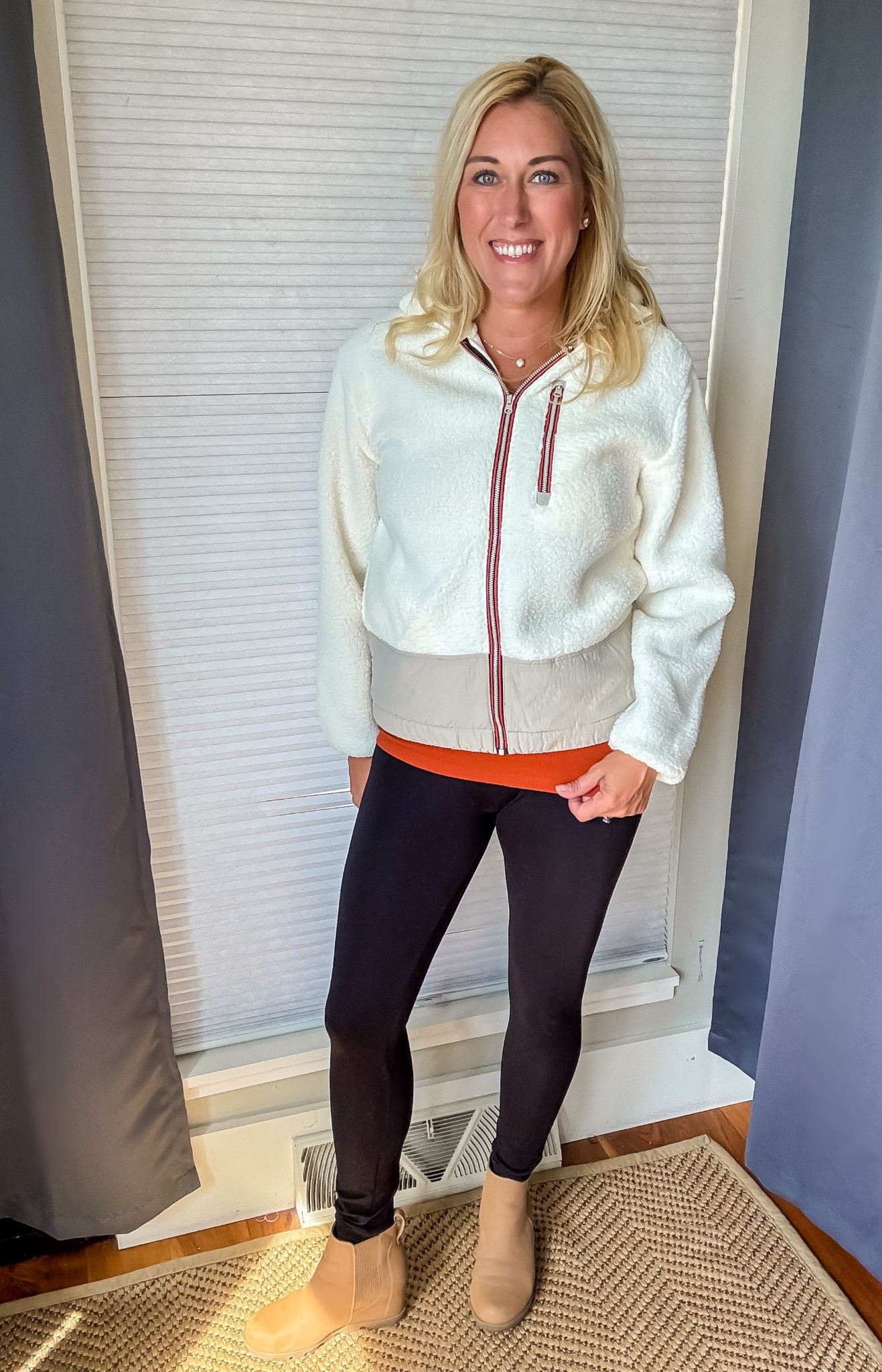 This sherpa zip-up has been my go-to on chilly mornings. It’s warm without feeling heavy, and I love that it layers so easily over tees or sweaters. Plus, the details (like the zipper trim) make it feel a little more put together than your average fleece. Definitely one of those pieces I’ll be reaching for all season.
