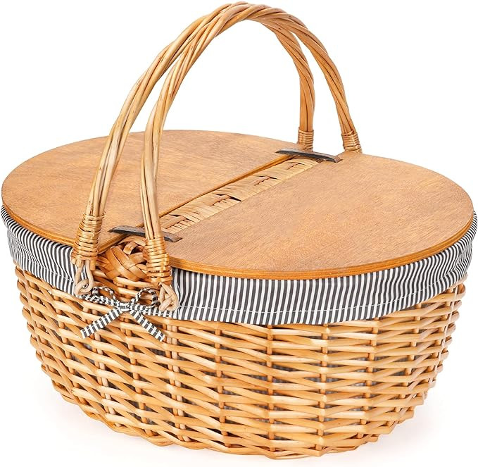 Wicker Picnic Basket with Liner, Wooden Split Lid Picnic Basket, Vintage-Style Picnic Hamper with... | Amazon (US)