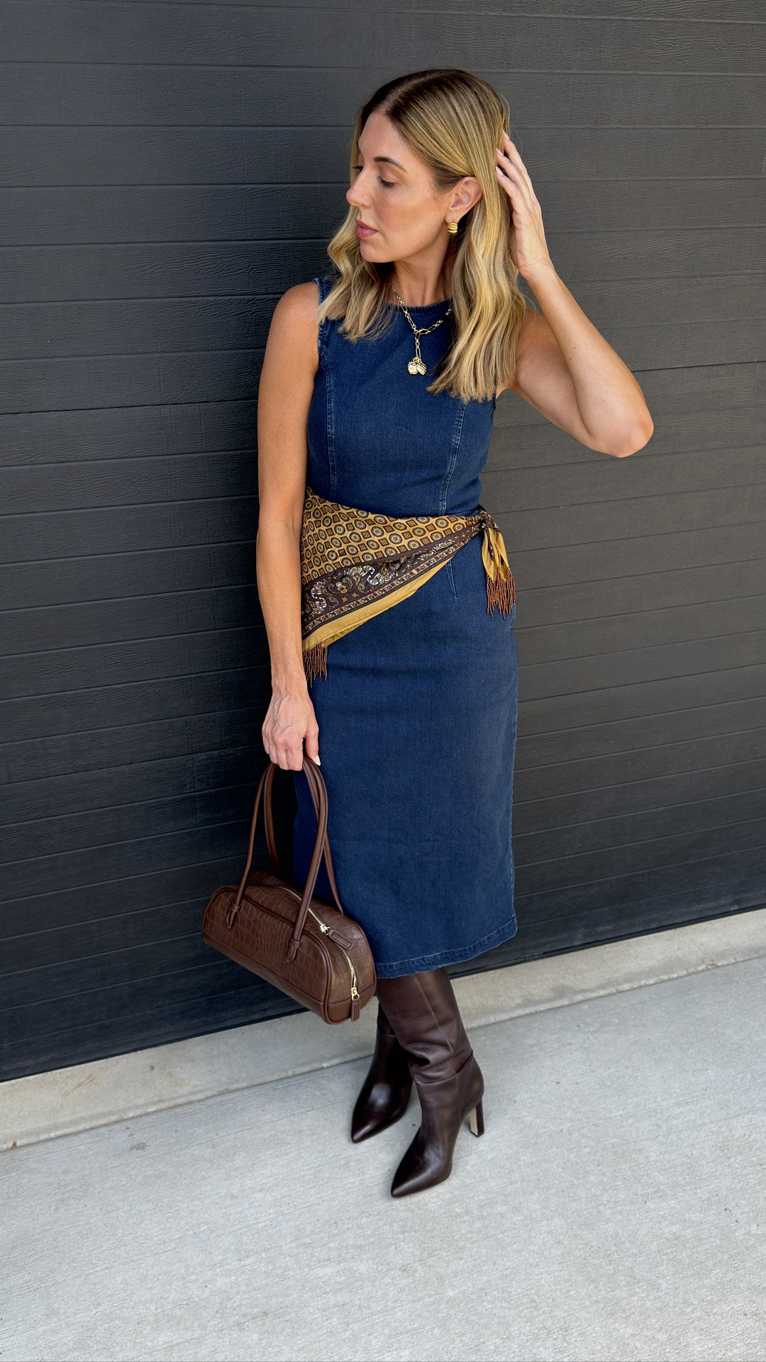 Major sale find: this Bella Dahl denim midi is over 60% off + under $80. I styled it with a fringe scarf and tall brown boots for fall — such an easy, chic way to wear denim beyond jeans. Wearing a size XS in the dress.

#LTKootd #LTKWorkwear #LTKSaleAlert