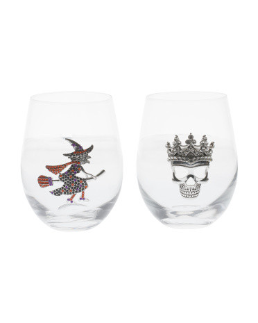 Set Of 2 Jeweled Witch And Skull Stemless Wine Glasses | TJ Maxx