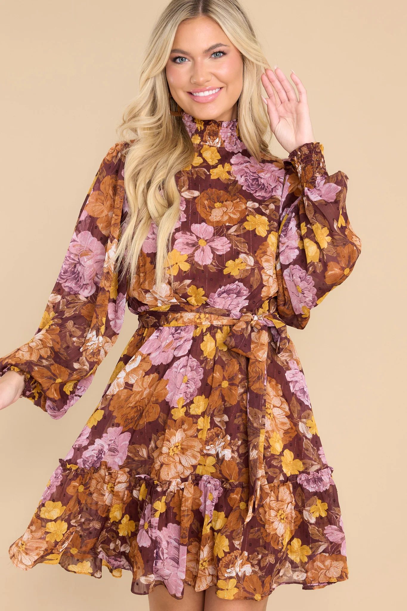 Longing For Love Brown Multi Floral Print Dress | Red Dress 