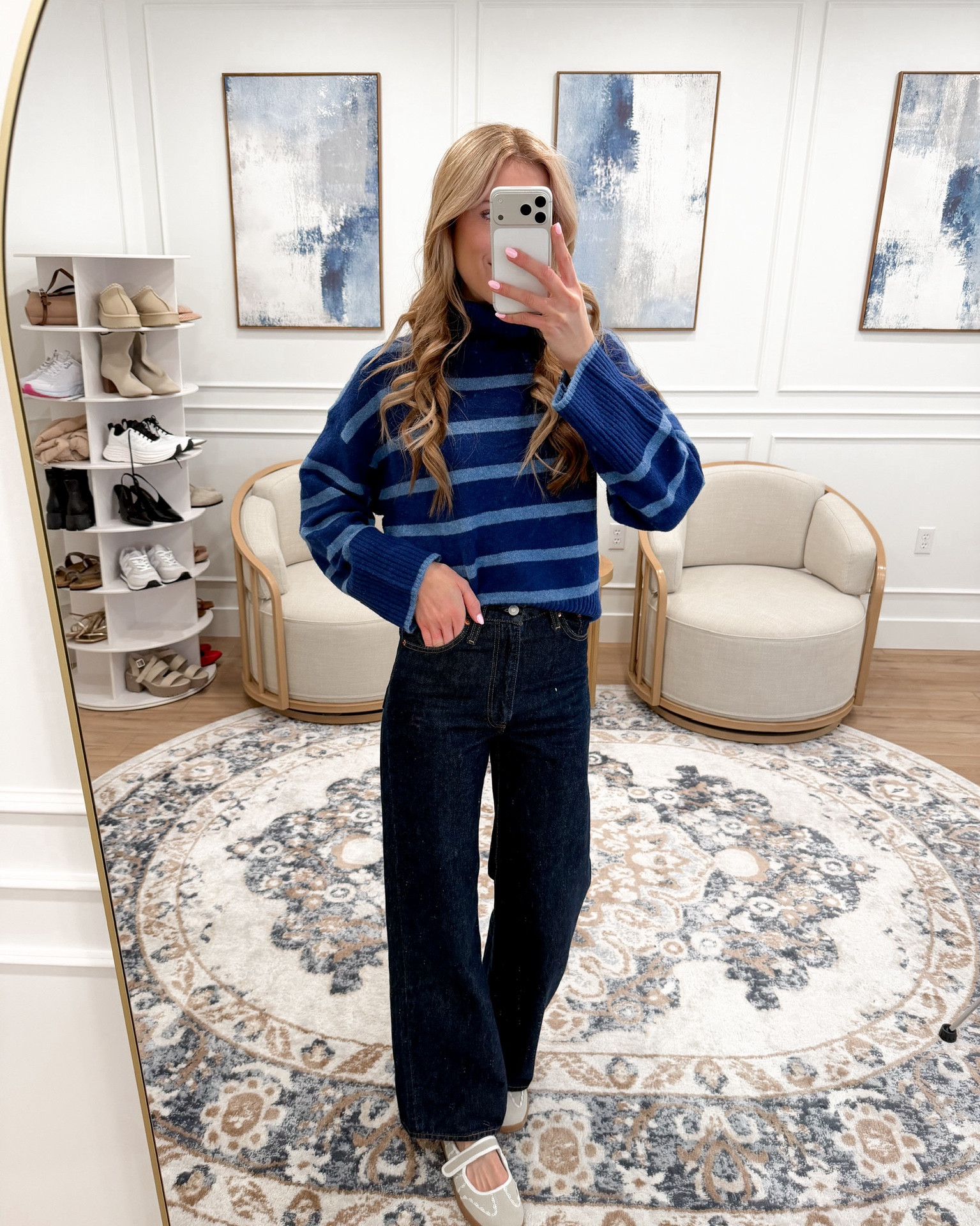 Bold blues for winter 💙 Loving this striped turtleneck paired with wide-leg denim and the cutest ballet flats! Wearing size small 

#LTKSeasonal #LTKFindsUnder50 #LTKWorkwear