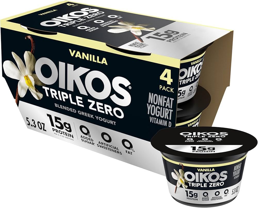 Oikos Triple Zero Vanilla Nonfat Greek Yogurt Pack, 0% Fat, 0g Added Sugar and 0 Artificial Sweet... | Amazon (US)