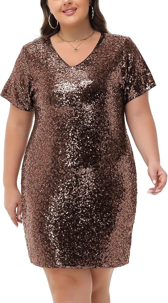 ANNA-KACI Women's Plus Size Short Sleeve Sequin Dresses V Neck T Shirt Shift Sparkle Dress | Amazon (CA)