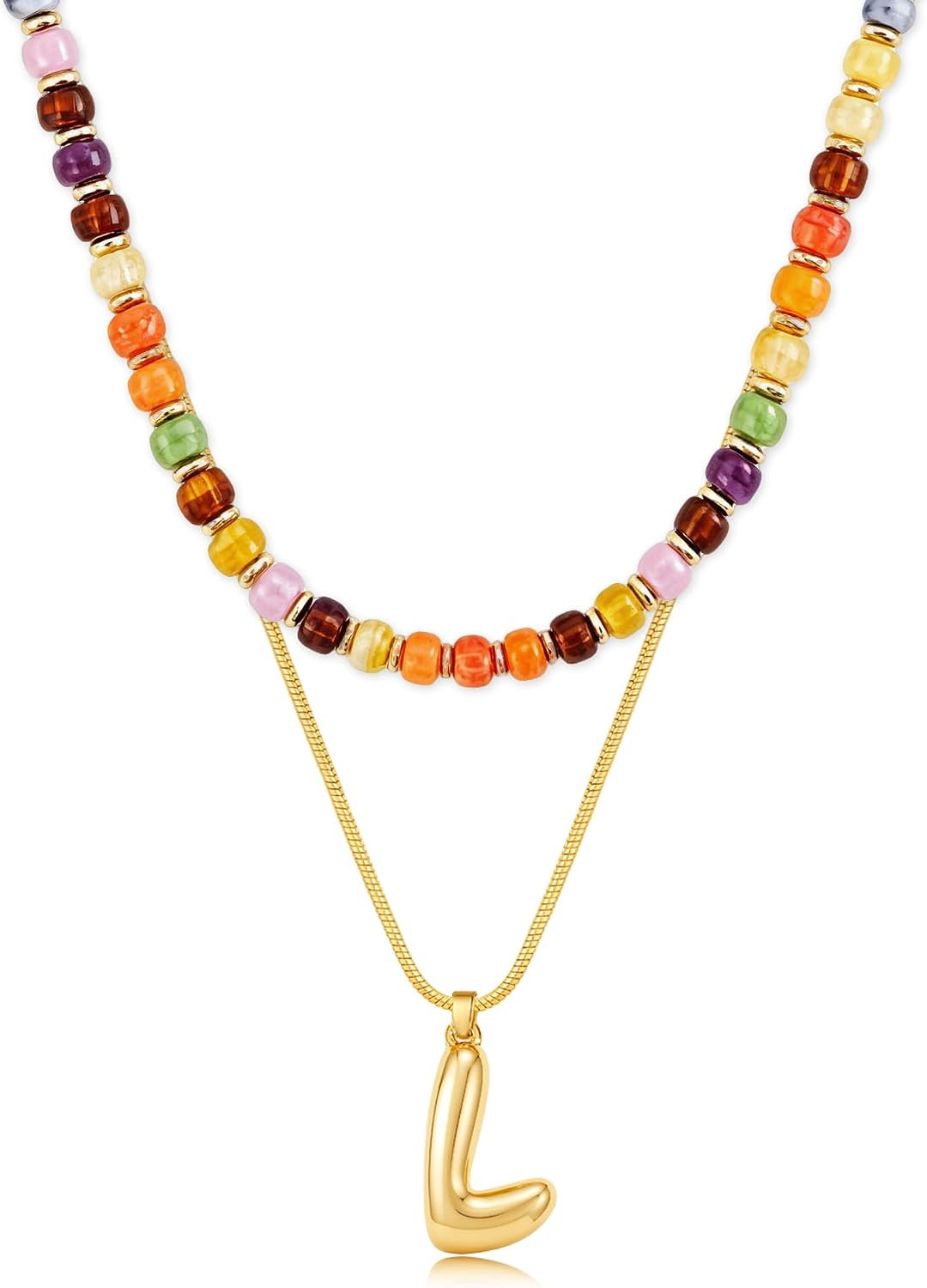 Layered Initial Necklaces for Women, 14K Gold Plated Bubble Letter Pendant Choker with Chunky Orange Beaded Necklace, 2-in-1 Trendy Boho Y2K Jewelry Set, Summer Beach to Fall Thanksgiving Gift for Her | Amazon (US)