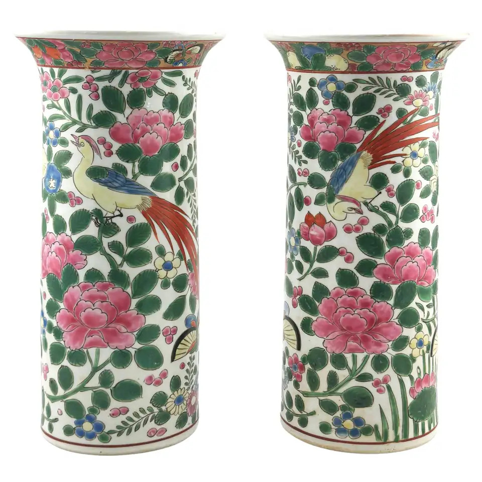 Pair of Early 20th Century Chinese Export Porcelain Famille Rose Spill Vases | 1stDibs