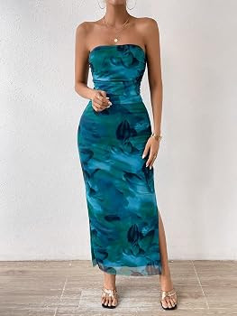 Milumia Women's Printed Strapless Tube Top Long Dress Slit Hem Sleeveless Bodycon Maxi Dresses | Amazon (US)