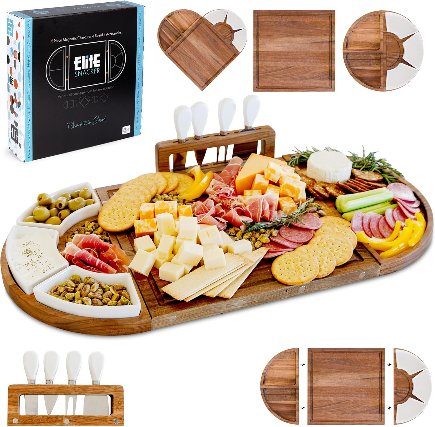 Large Wooden Charcuterie Board Set - 3-Piece Magnetic Long Serving Board Tray with Charcuterie Accessories - Acacia Wood Cheese Platter with Cheese Knife Set & Ceramic Dishes - Brown | Amazon (US)