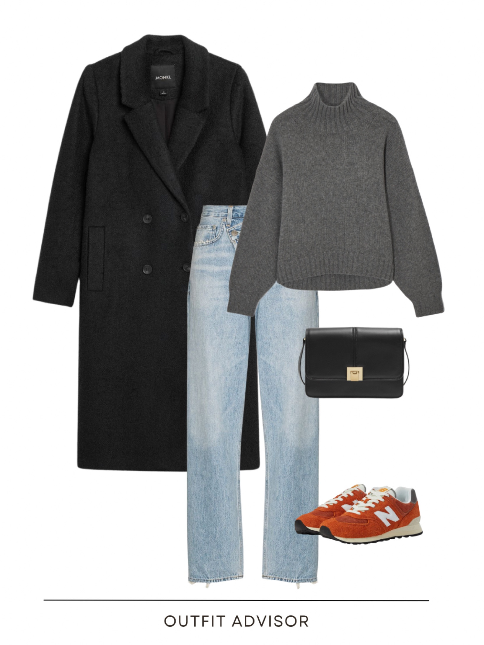 Chic grey ootd inspo: dark grey double breasted coat, knit cashmere cos jumper, new balance sneakers, criss cross hem jeans & a black bag

#LTKover40 #LTKworkwear #LTKstyletip