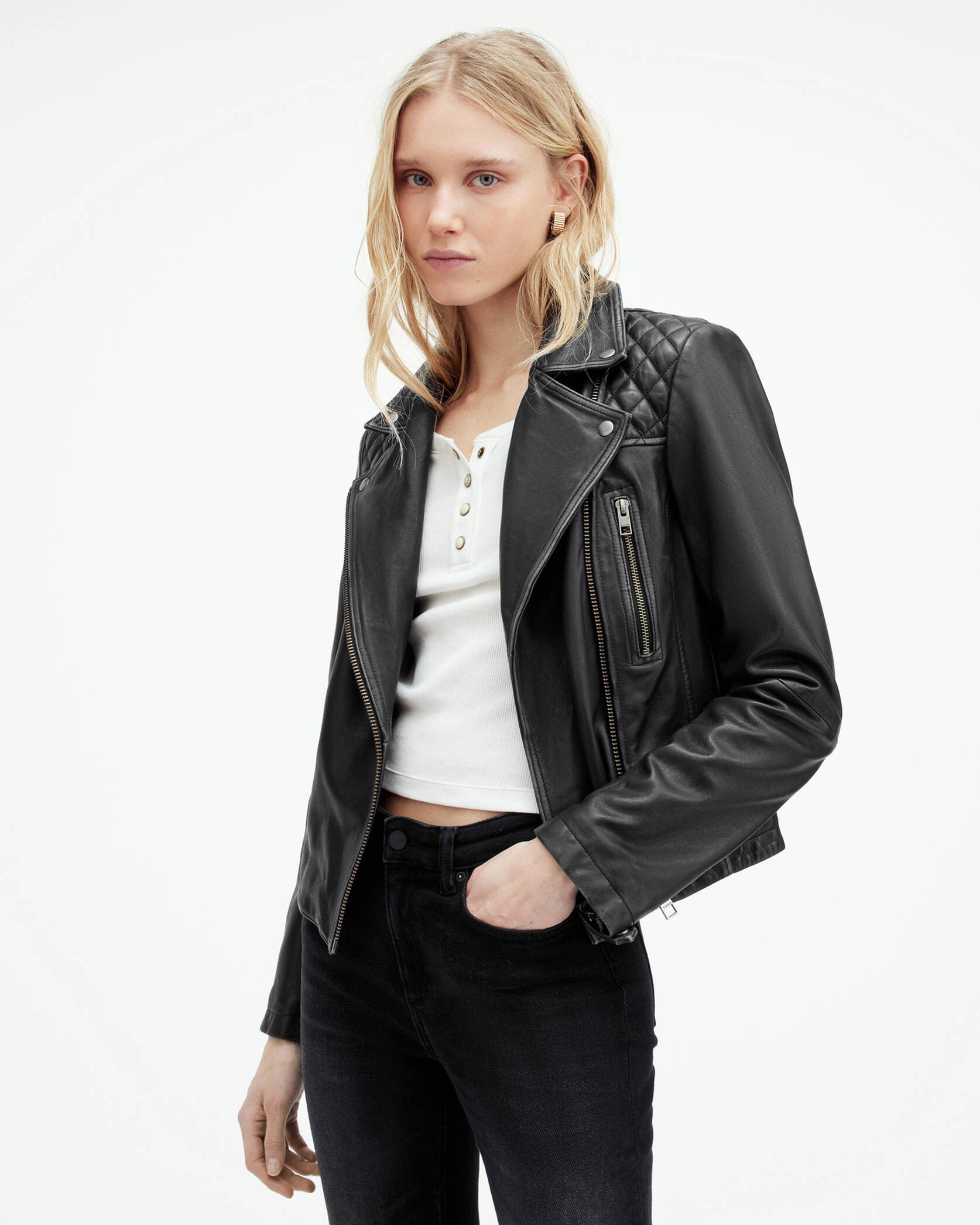 Cargo Distressed Leather Biker Jacket Black/Grey | ALLSAINTS US | AllSaints US