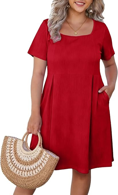 Womens Plus Size Short Sleeve Dresses Square Neck Casual Summer Sundress Flowy Knee Length Dress ... | Amazon (US)