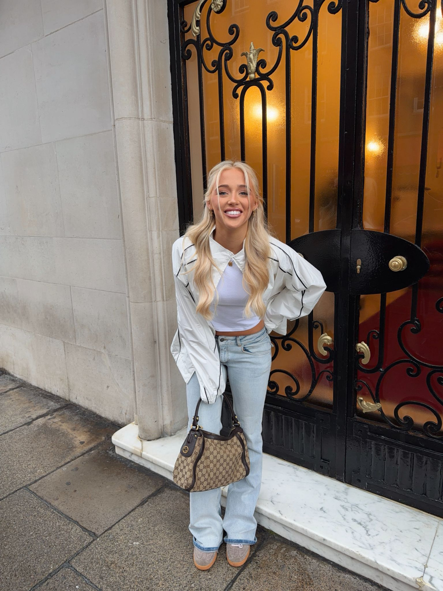 all smiles 🤍

track jacket, low rise jeans, flared jeans, gucci handbag, vintage, adidas trainers, baby tee, casual outfit, city break, jeans and a t shirt, white t shirt 

 #LTKFashionMonth #LTKuk #LTKspring