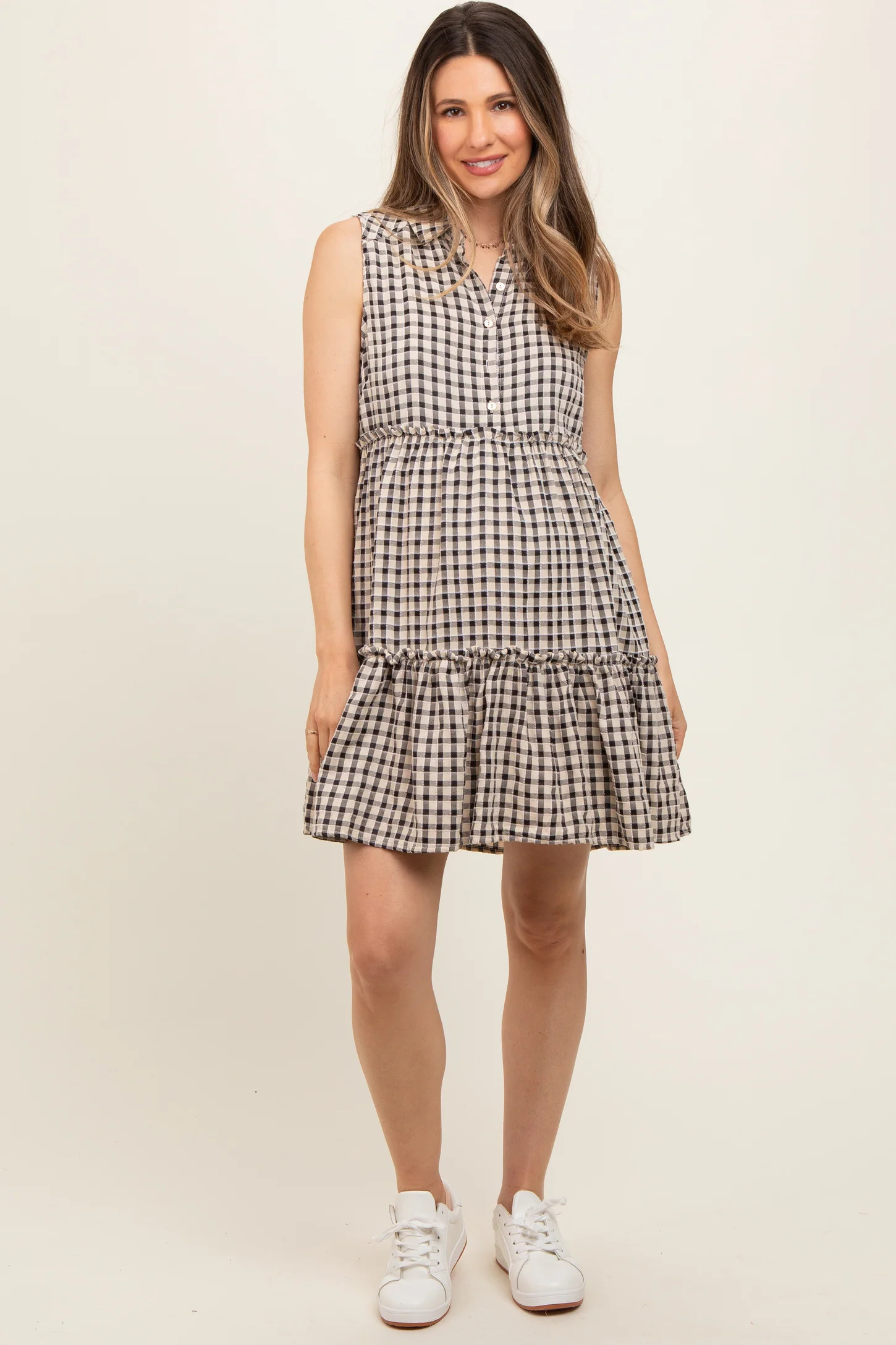 Black Gingham Button Front Collared Maternity Dress | PinkBlush Maternity