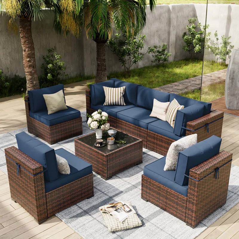 Keyala 7 Piece Rattan Sectional Seating Group with Cushions | Wayfair North America