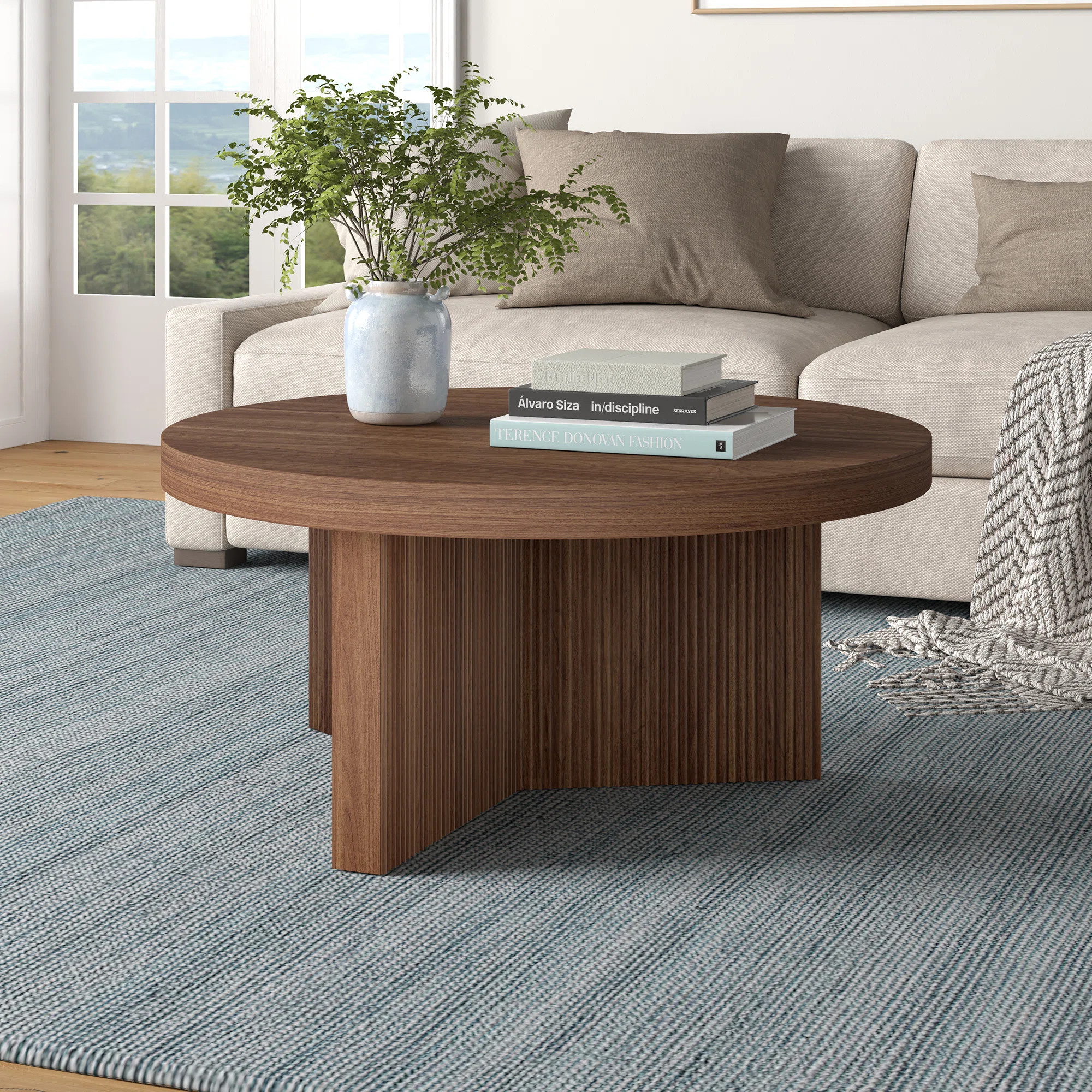 32" Wide Round Coffee Table with Fluted Base — Satin Walnut Scandinavian MDF Center Table for L... | Wayfair North America