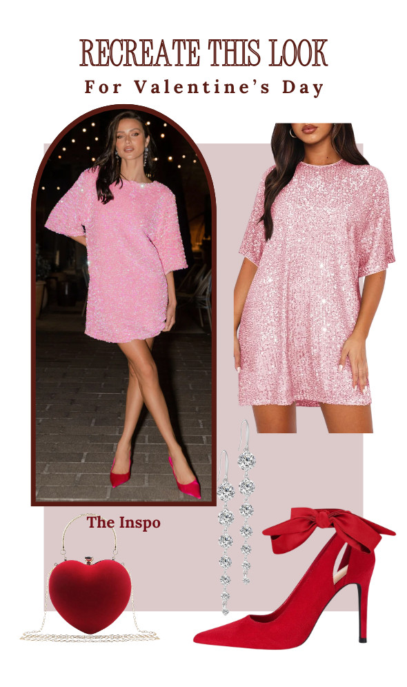 Recreate this look with this sparkling pink sequin dress for a special Valentine's Day. Pair it with red pumps, a heart-shaped clutch, and elegant dangle earrings. 

 #LTKootd #LTKSeasonal
