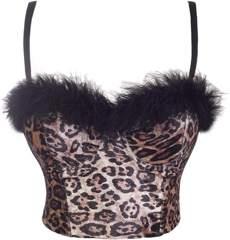 She'sModa Velvet Leopard Feather Women's Club Bachelorette Party Corset Crop Top Custom Bustier | Amazon (US)