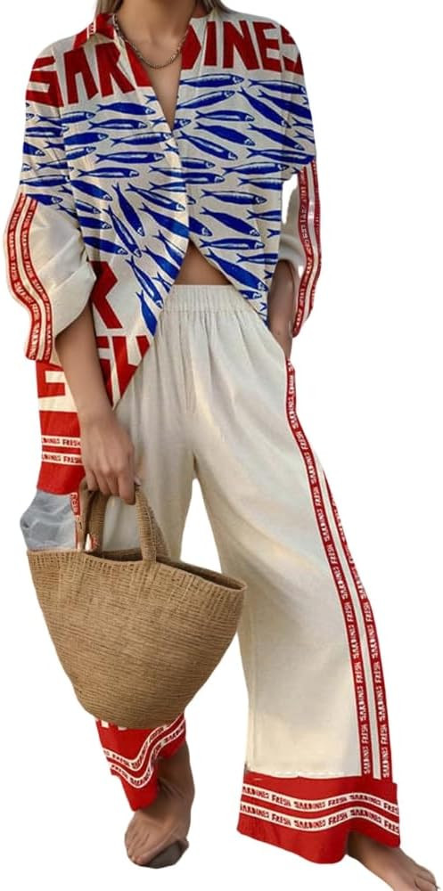 Akivide Womens Beach Vacation 2 Piece Outfits Long Sleeve Button Down Shirts and Matching Drawstr... | Amazon (US)