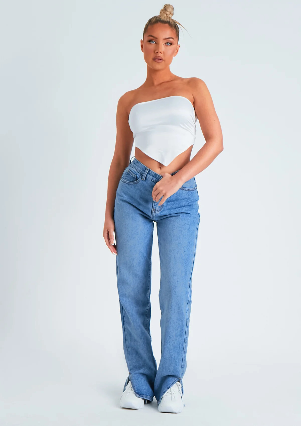 Perrie Denim Mid Wash Straight Leg Split Detail Jeans | Missy Empire | Missy Empire (UK)