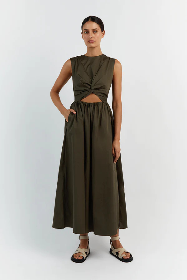 RAMSEY DARK OLIVE COTTON MIDI DRESS | DISSH