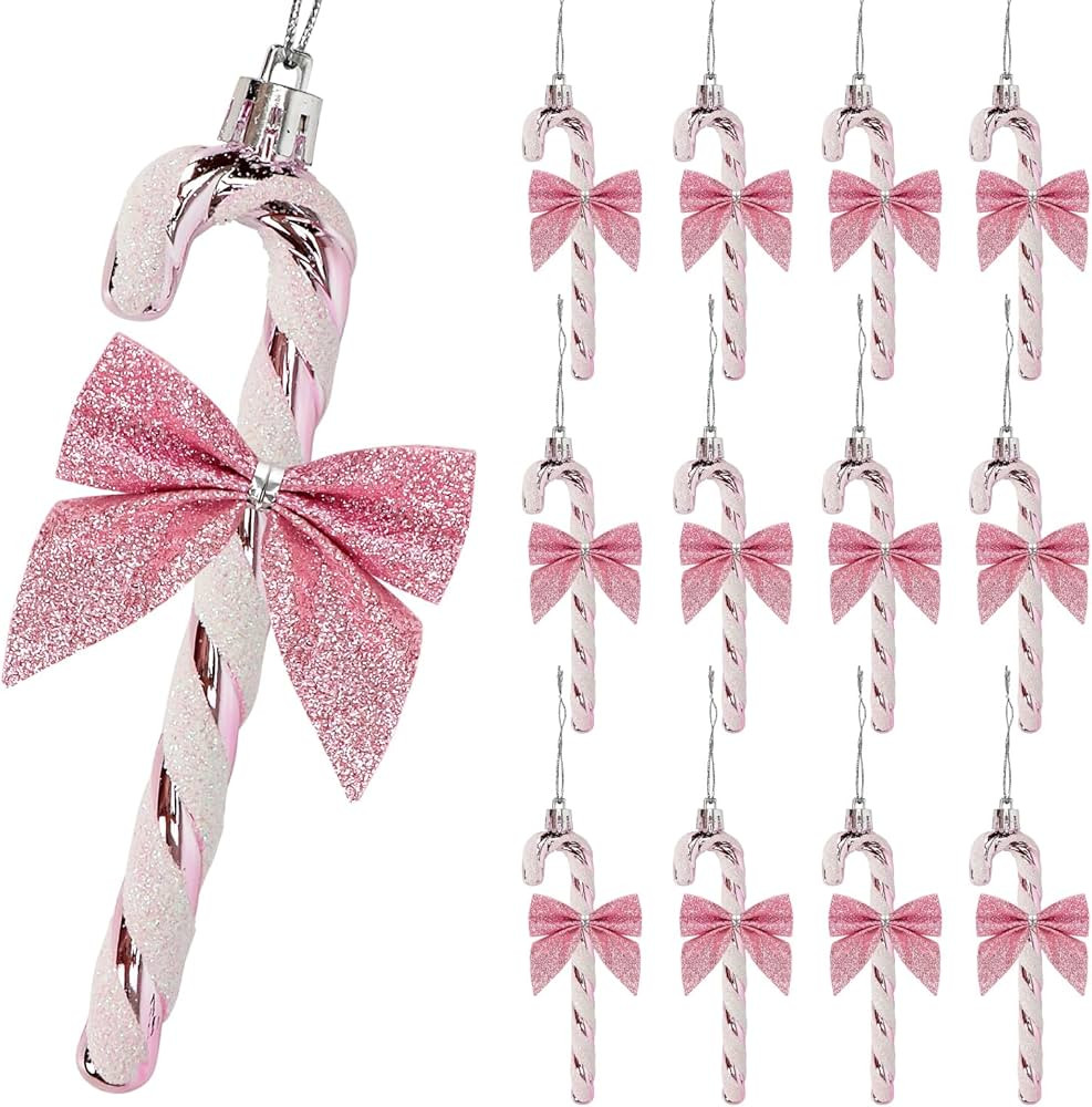 24 Pcs Candy Cane Christmas Decorations,5.5inch Glitter Candy Cane Bows for Xmas Tree Hanging Orn... | Amazon (US)