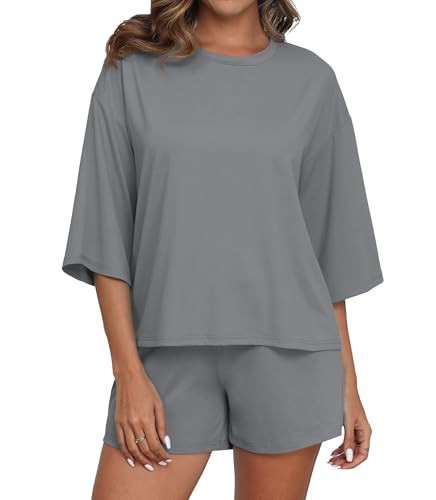 PrinStory Womens Pajama Sets Top and Shorts Pj Sets for Woman Soft Casual Pjs with Pockets Gray-S | Amazon (US)