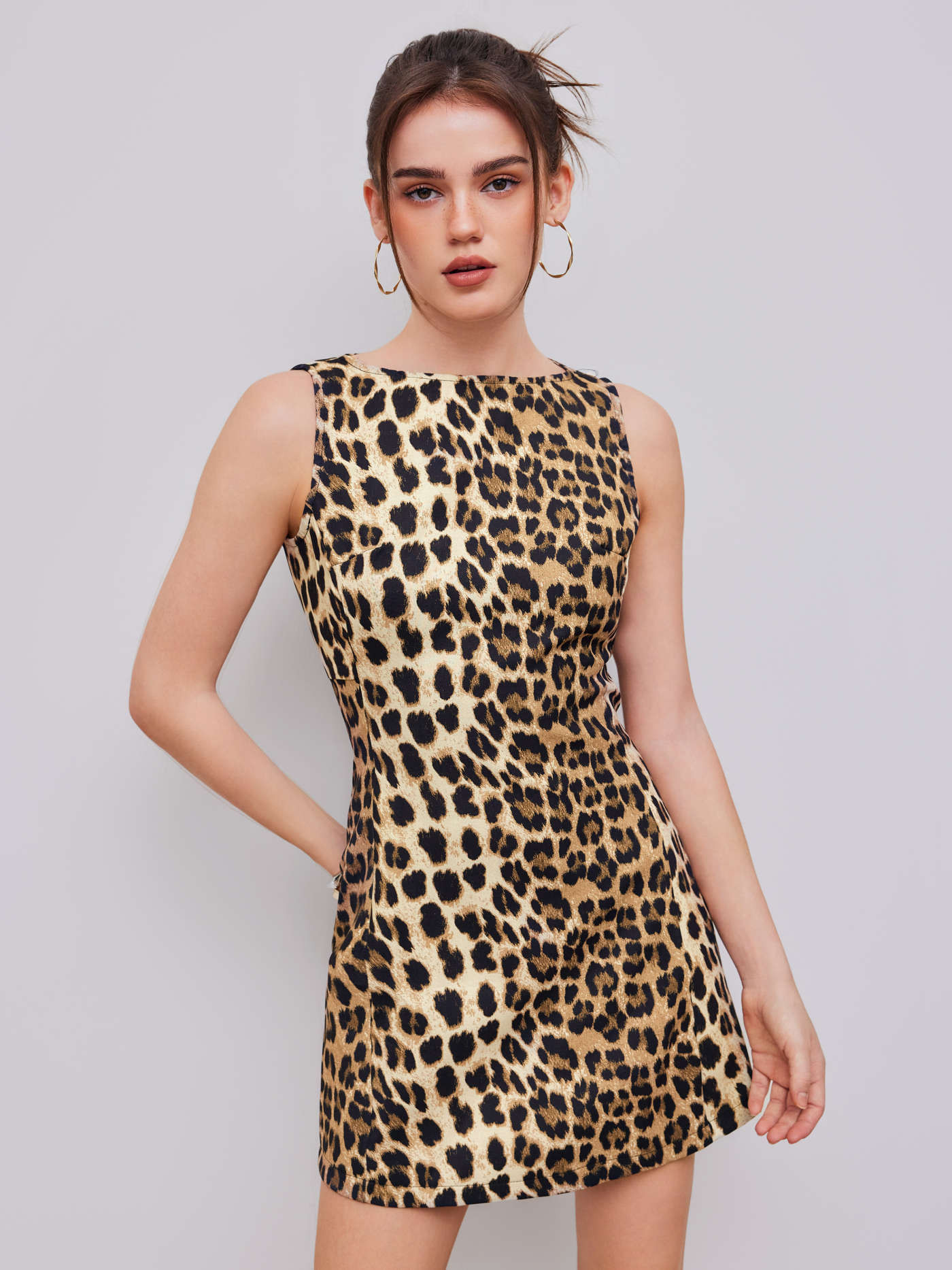 Boat Neck Leopard Print Zipper Mini Dress | Cider