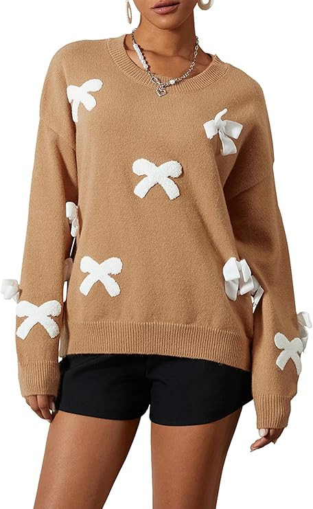 Women's Knitted Sweater Long Sleeve Crew Neck Ribbed Cuffs Pullover Sweater Cute Bow Prined Casua... | Amazon (US)