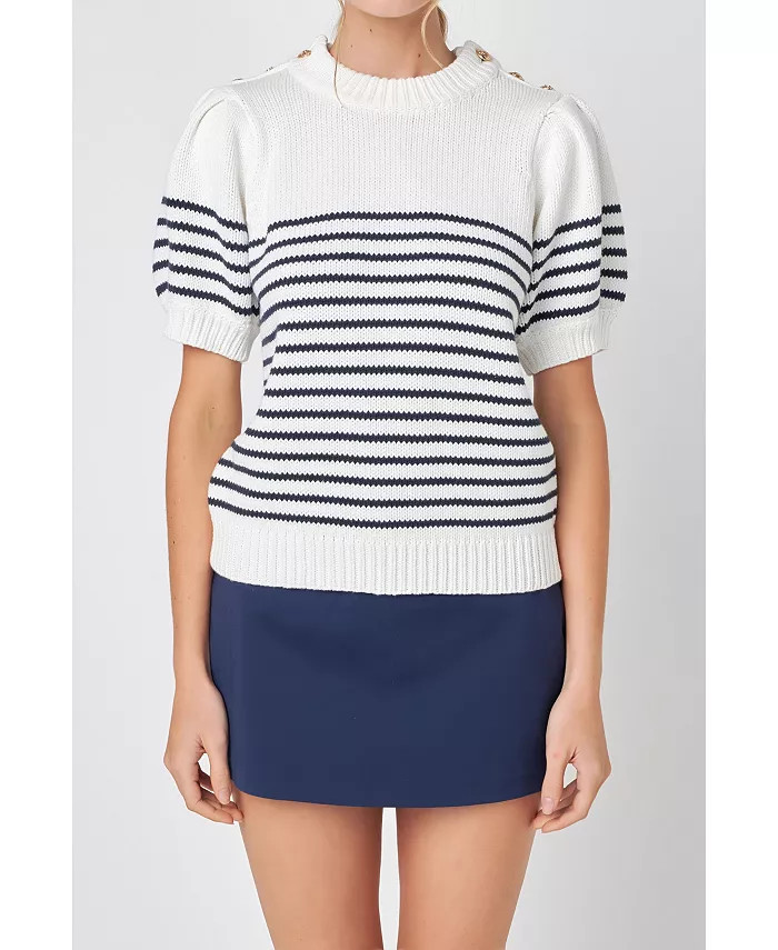 English Factory Women's Striped Short Puff Sleeve Sweater with Buttons - Macy's | Macy's