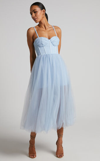 Aisha Midi Dress - Bustier Bodice Tulle Dress in Ice Blue | Showpo (ANZ)