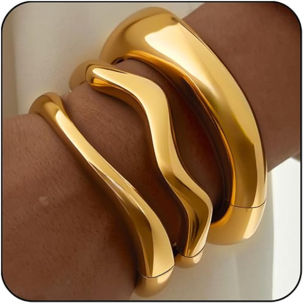 3Pcs Chunky Gold Bangles Bracelets for Women, Spring Hinged Big Stackable Bangles Set, Trendy Cuf... | Amazon (US)