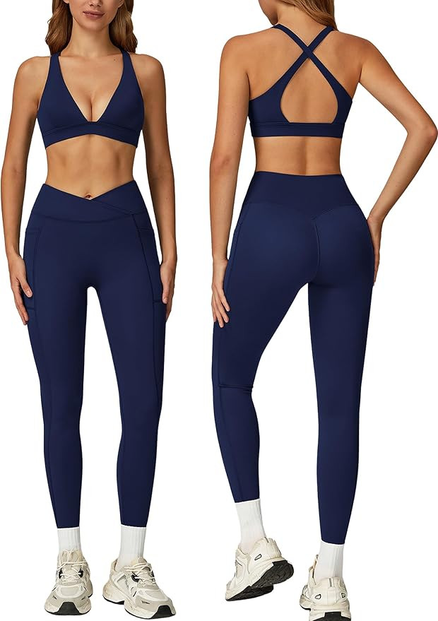 ABOCIW Womens Two Piece Workout Sets Deep V Neck Sports Bra Crossover Leggings with Pockets Gym Y... | Amazon (US)