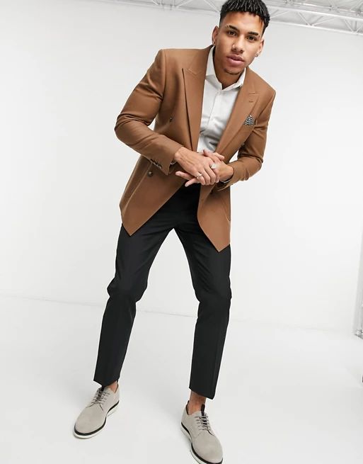 Moss London slim fit double breasted suit jacket in camel | ASOS (Global)