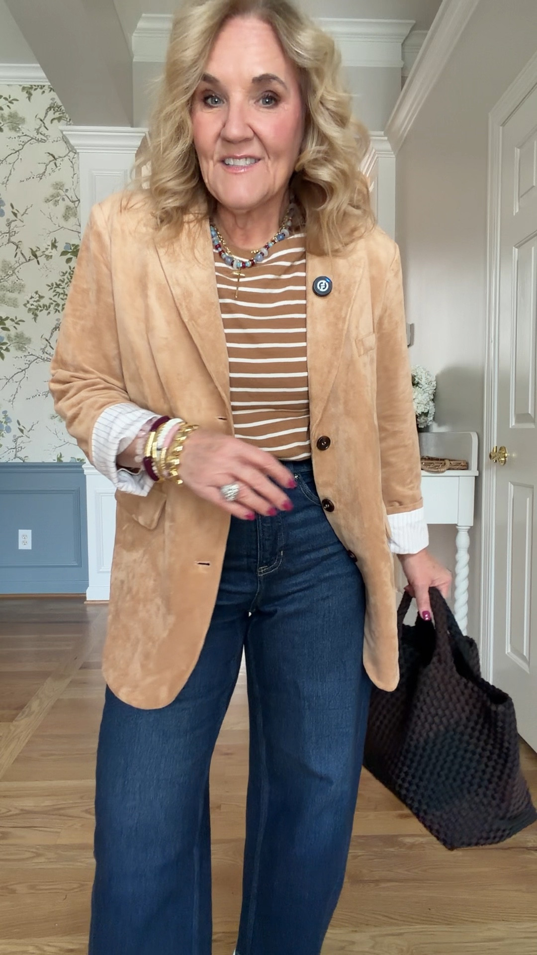Faux suede blazer size down 
Subtle barrel jeans by spanx with compression size medium petite 
Striped tee size medium 
He gave her two the size as long as you wear socks
20% off my Allie & Bess jewelry code NANETTE20
Business casual

#LTKWorkwear #LTKPetite #LTKOver40