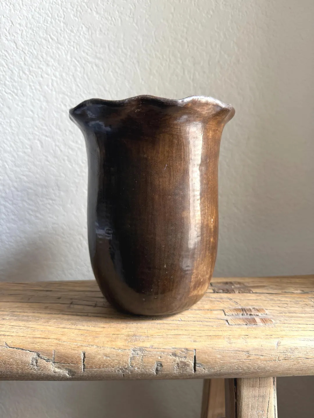 Dark Brown Glazed Ceramic Vase Scalloped Edges - Etsy | Etsy (US)