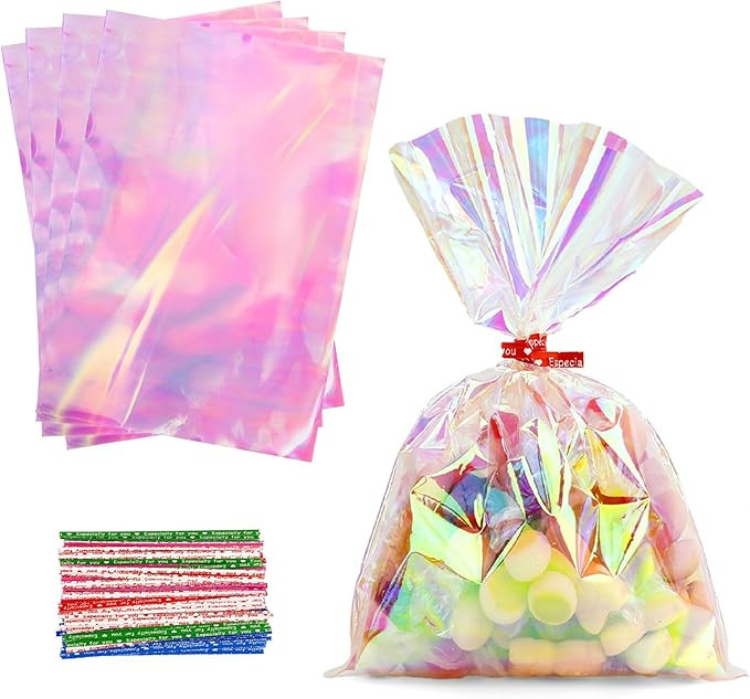 Iridescent Cellophane Bags with Colorful Ties, 100 PCS Holographic Bags, 5x7 Inch Plastic Clear T... | Amazon (US)