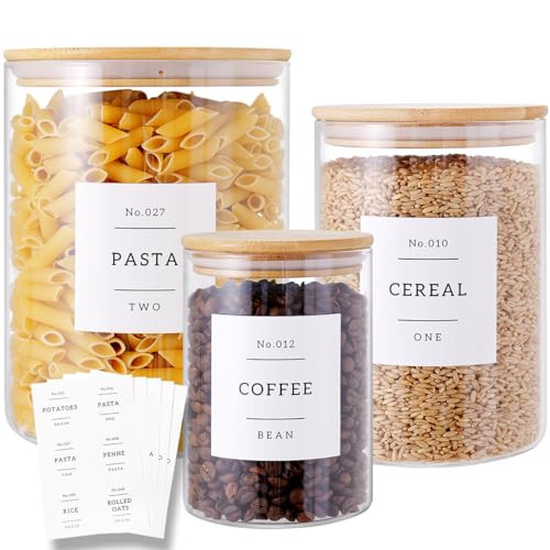 3 Pcs Glass Canisters with Airtight Bamboo Lids and 42 Kitchen Pantry Labels Preprinted - Clear Glass Flour and Sugar Storage Container Set - Large Glass Jars with Wood Lids(100 OZ/54 OZ/27 OZ) | Amazon (US)