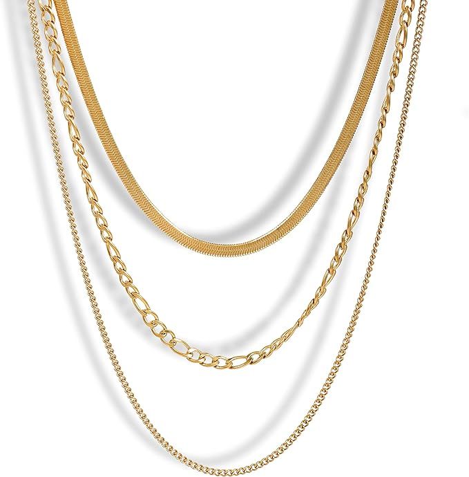 Elegance 11 designs 14k Real Gold Plated Non-Tarnish Layered Herringbone Figaro Chain Stainless S... | Amazon (US)