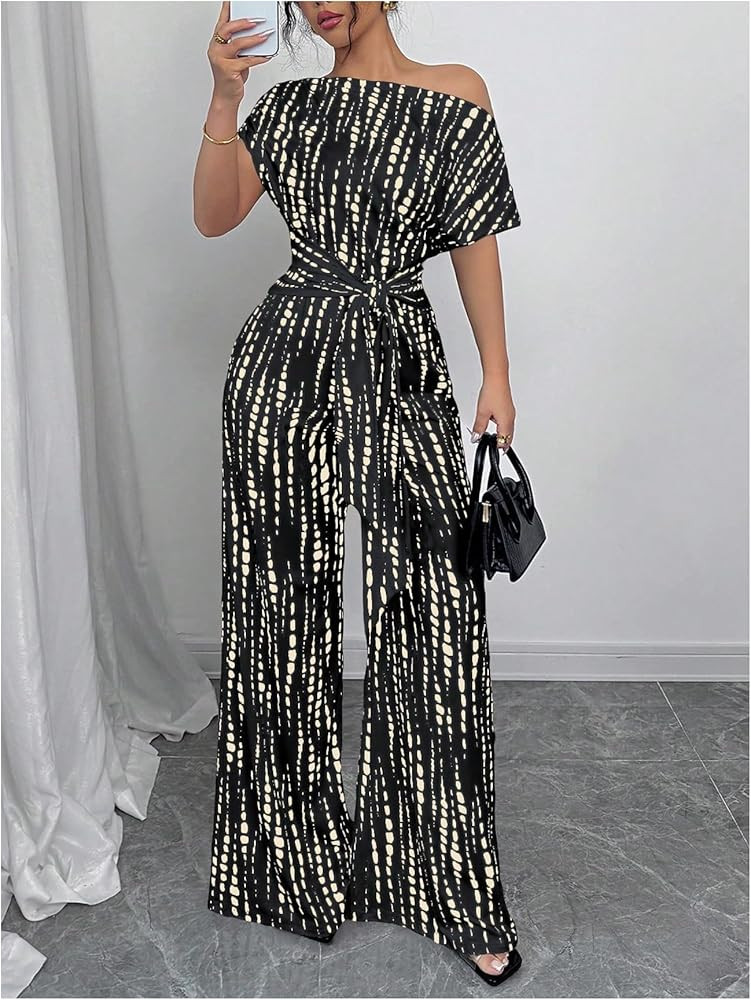 Amazon.com: Floerns Women's Allover Print Asymmetrical Neck Pant Romper Short Sleeve Belted Jumpsuit Black Dotted Stripes Medium : Clothing, Shoes & Jewelry | Amazon (US)