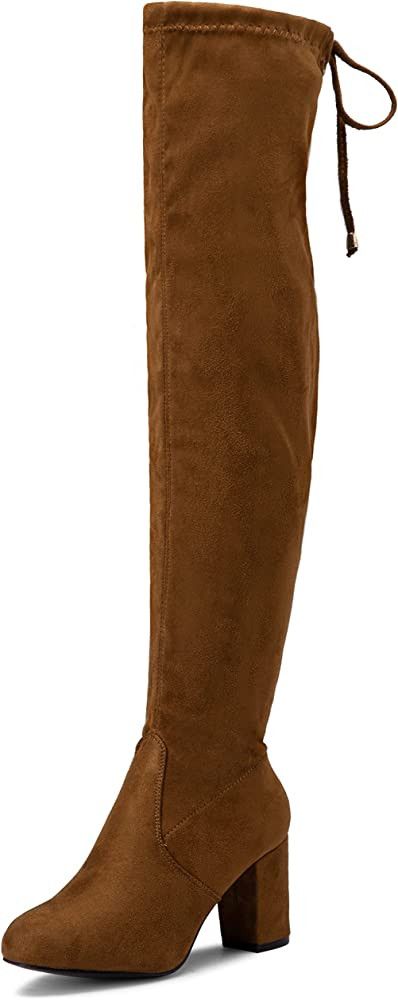 Vepose Women's Suede Boots Over The Knee High Vegan Chunky Heels Side Zipper Adjustable Opening S... | Amazon (US)
