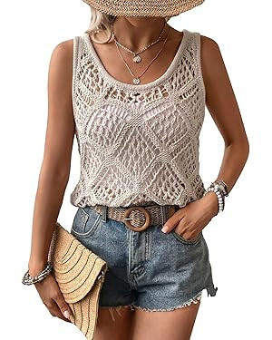 Verdusa Women's Hollow Out Summer Crochet Knit Tank Tops Scoop Neck Sleeveless Pullovers | Amazon (US)
