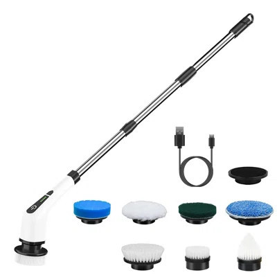 Electric Spin Scrubber Cordless Cleaning Brush with 8 Heads and Telescopic Arm | Wayfair North America