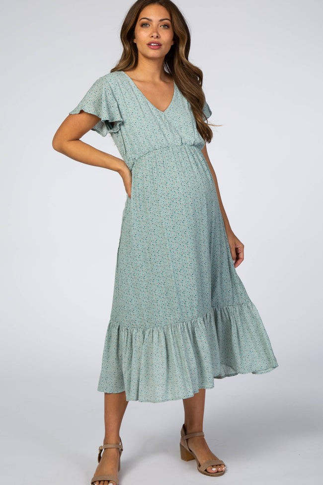 Mint Dot Print Ruffle Maternity Midi Dress | PinkBlush Maternity